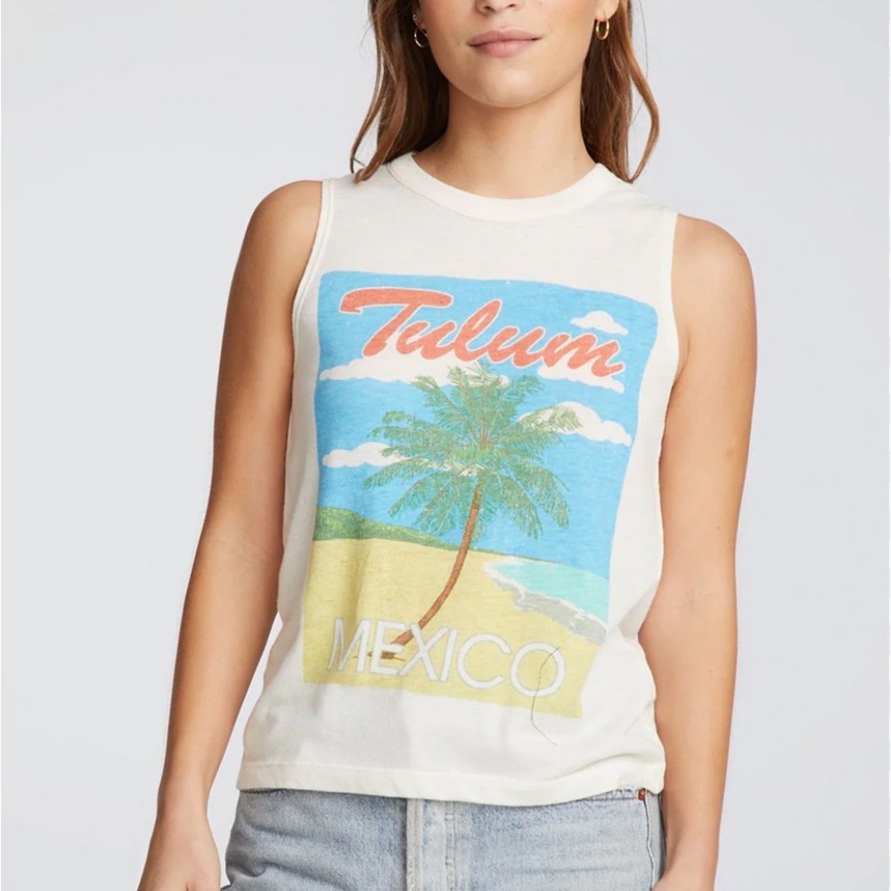 Chaser Sleeveless Tulum Mexico Graphic Tank Top Ivory women’s size XL